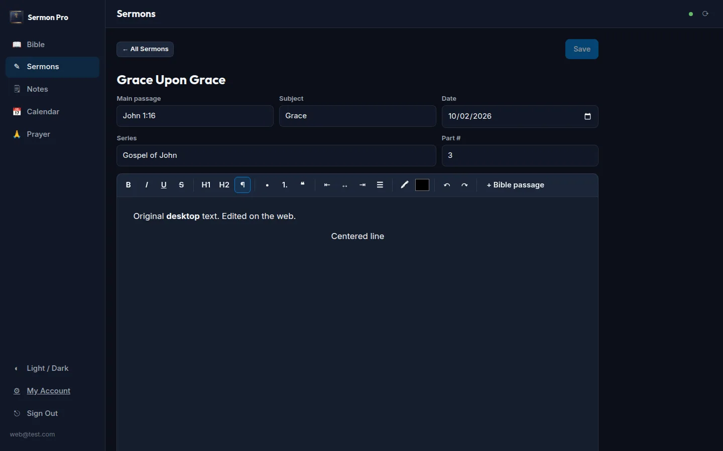 Editing a sermon in Pastor's Sermon Pro Online
